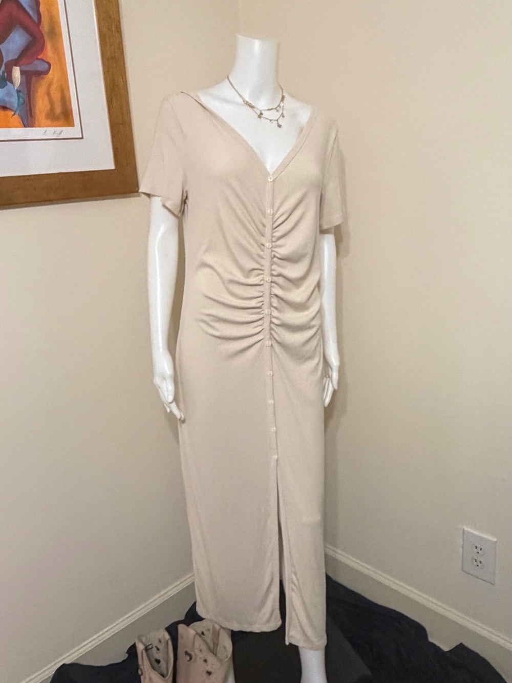REFINED Grey Beige Ribbed Knit Ruched Button Down Short Sleeve Maxi Dress L
